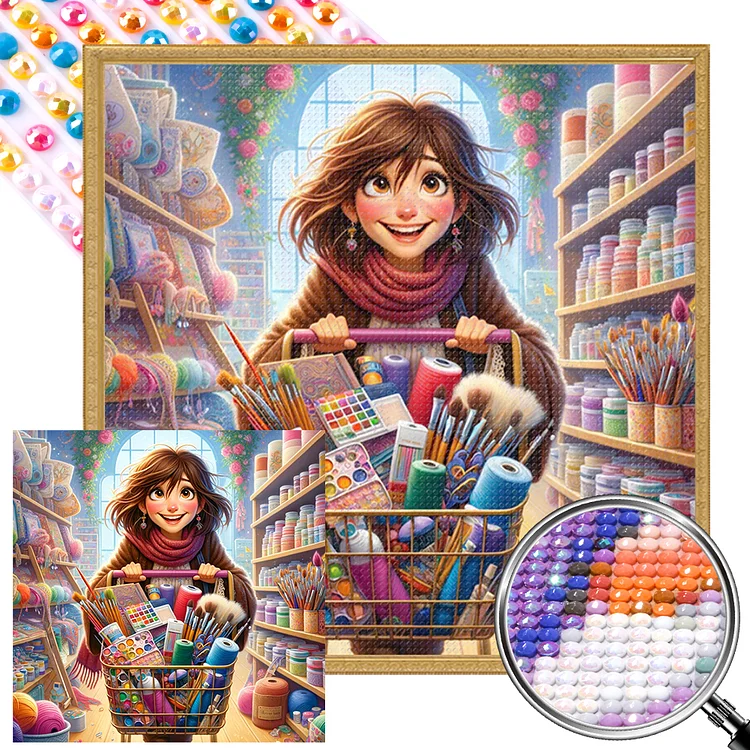 Girl Pushing Shopping Cart 40*40CM (Canvas) Full AB Round Drill Diamond Painting gbfke