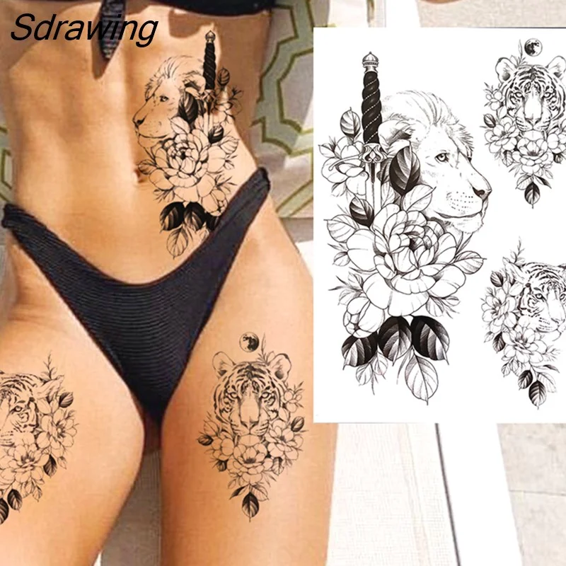 Sdrawing Lion Dahlia Temporary Tattoos For Women Adult Realistic Tiger Wolf Reindeer Snake Bird Fake Tattoo Sticker Washable Tatoos