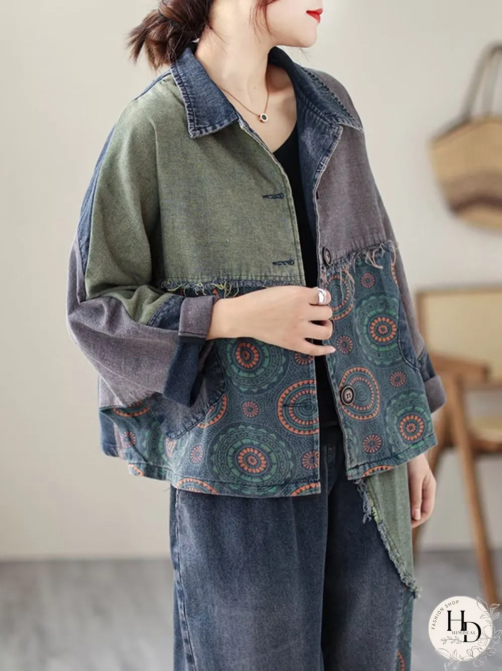 Contrast Color Fringed Split-Joint Long Sleeves Printed Outwear Harem Pants Two Pieces Set