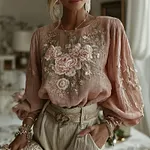 Women's Bohemian Floral Pattern Linen Crew Neck T-shirt - Image 2