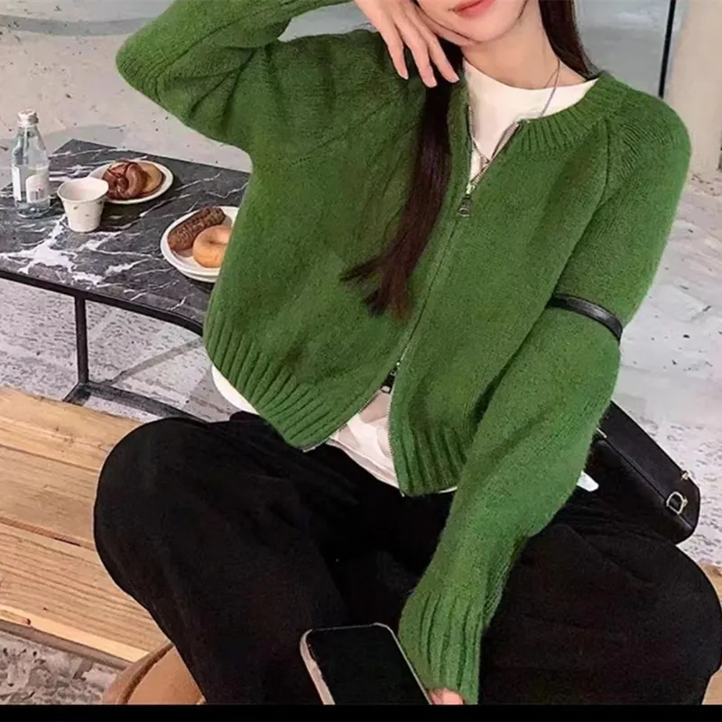 Churchf Churchf Short Round Collar Zipper Candy Color Knit Cardigan Female Autumn Winter New Show Thin Versatile Sweater Coat