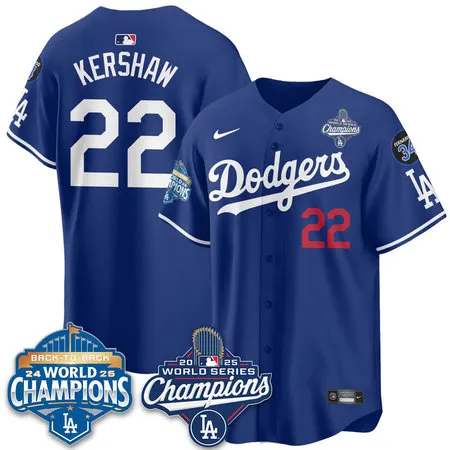 Men's Los Angeles Dodgers #22 Clayton Kershaw Royal 2025 World Series Champions Jersey