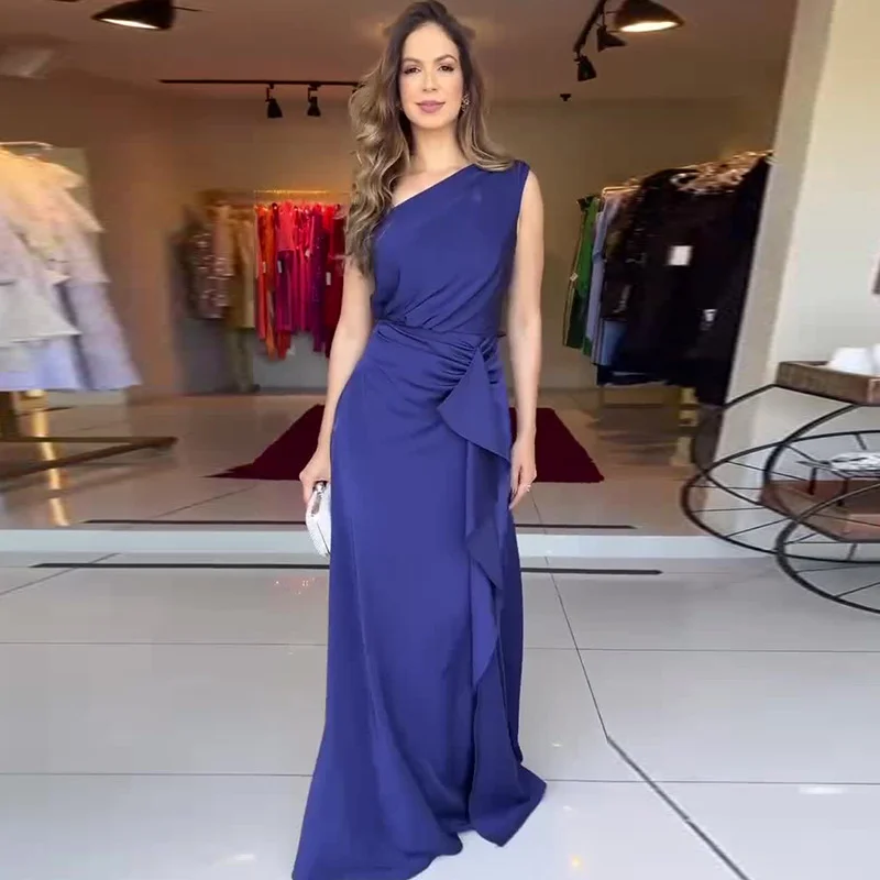 Toloer Toloer Summer New Solid Color Fashion Inclined Collar Waist Slim Temperament Elegant Dress-Outfit Ideas