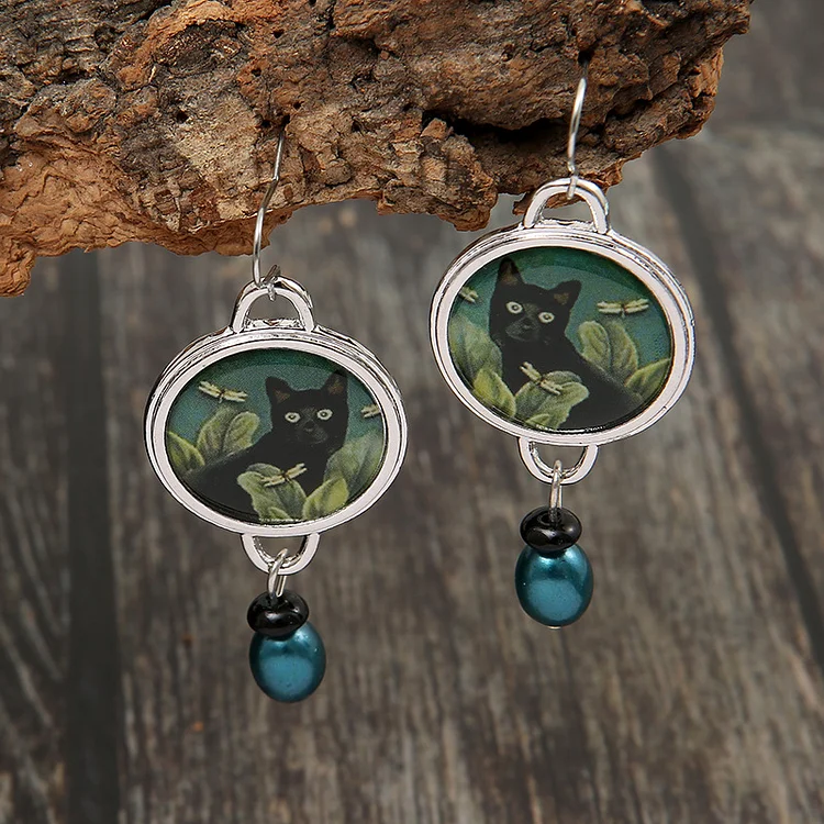 Vintage Black Cat Print Earrings
