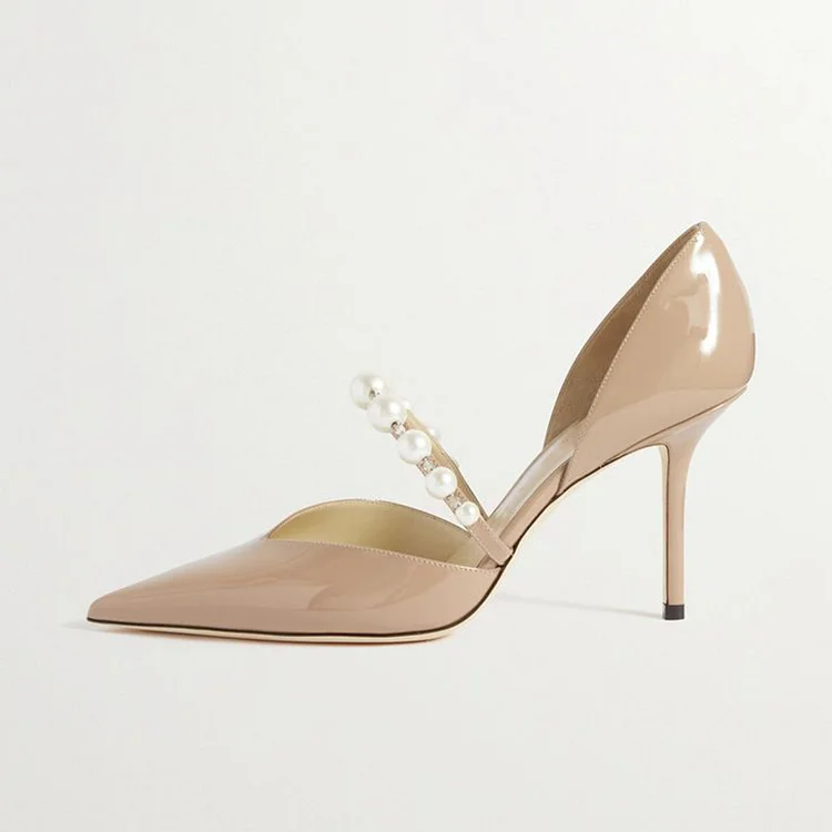 Nude Pointed Toe Stiletto Patent Heel Elegant Pearls Shoes Low Cut Pumps |FSJ Shoes