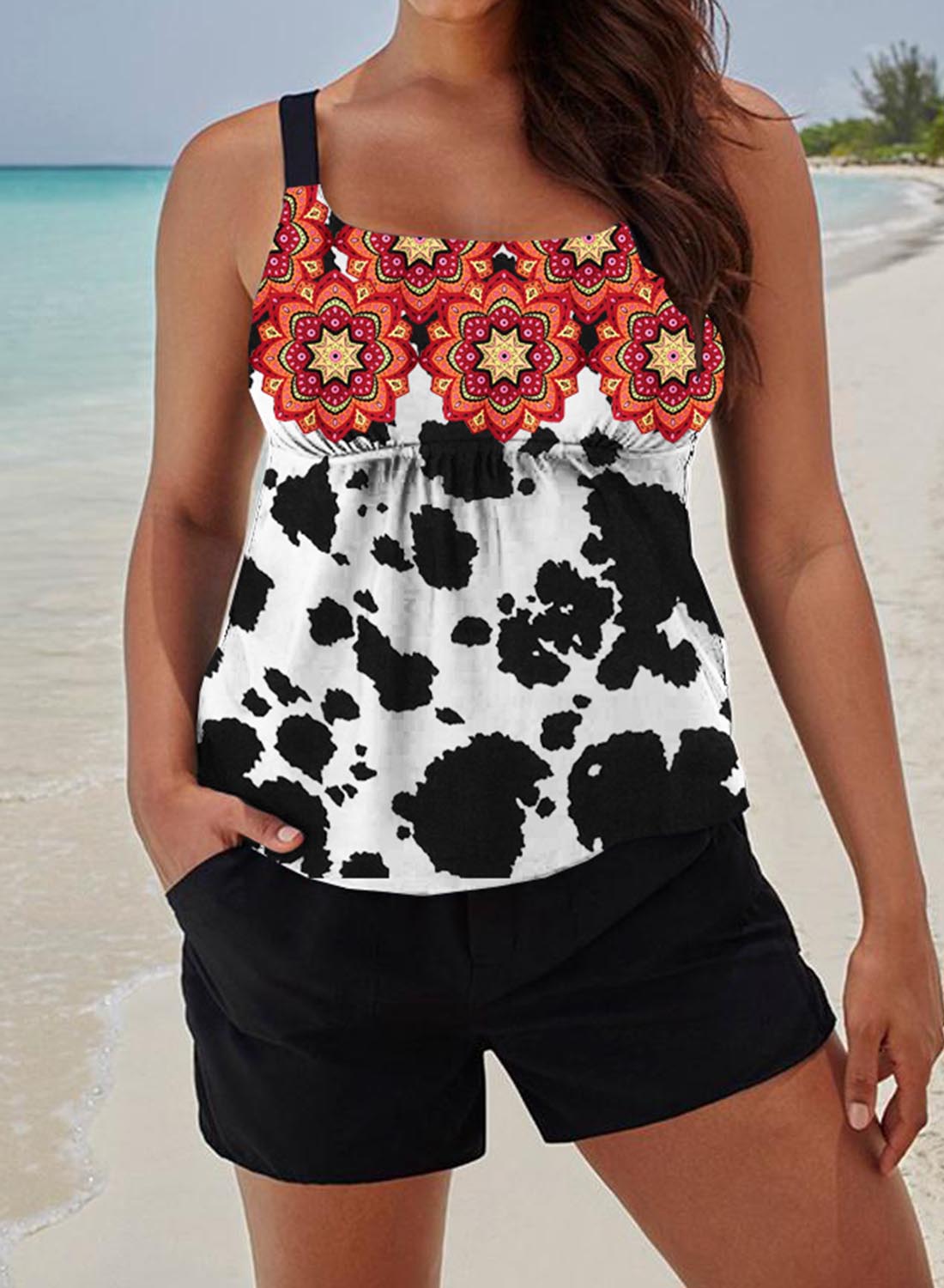 Women's Plus Size Cow Mandala Ruched Flowy Tankini with Shorts U Neck ...