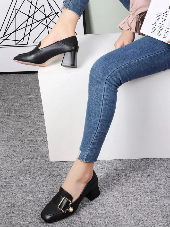 Season pearl buckle high-heeled thick heel popular two-wear shoes
