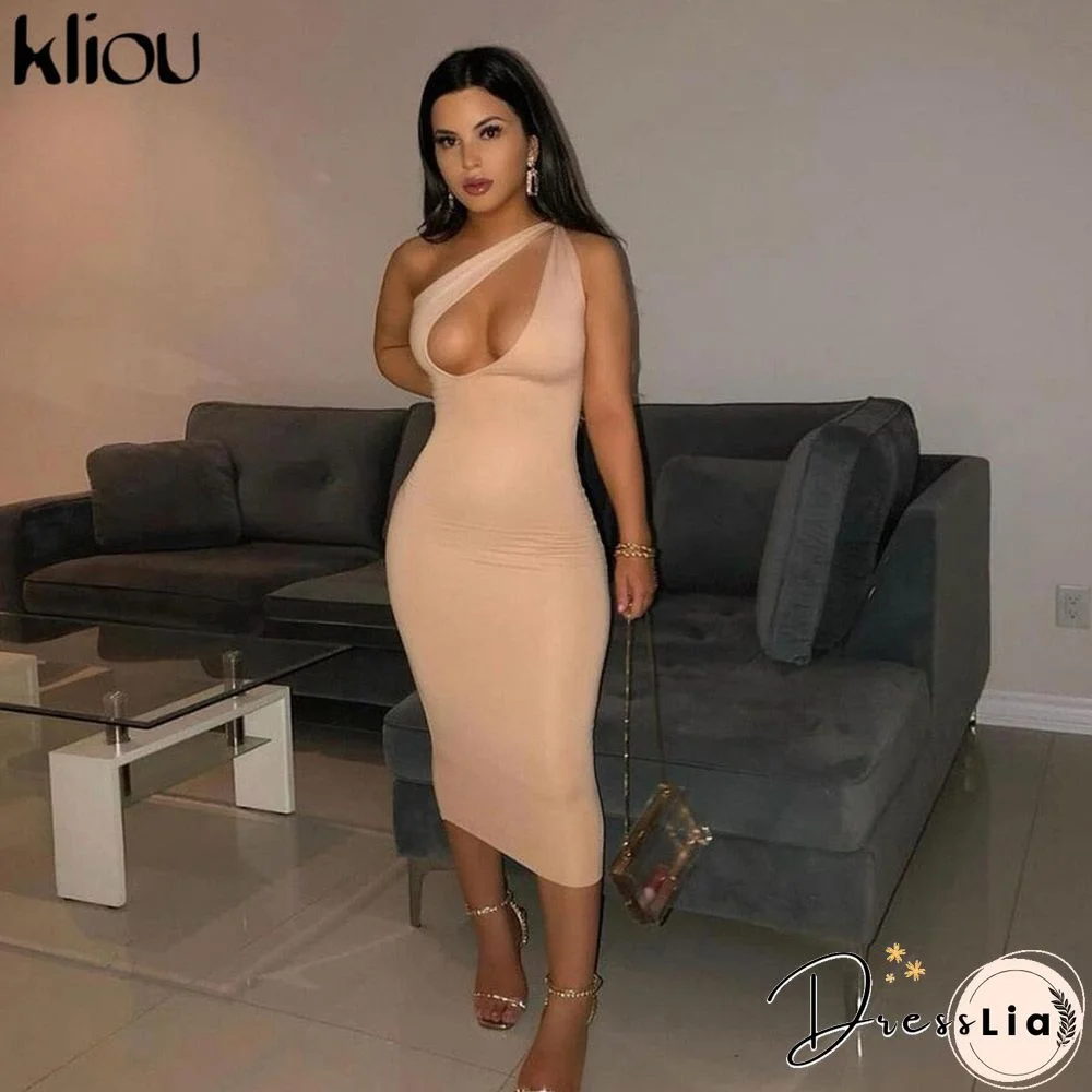 Kliou Cut Out Sexy Midnight Clubwear Maxi Dresses Solid One Shoulder Birthday Outfit For Women Slim Bodycon Party Dress