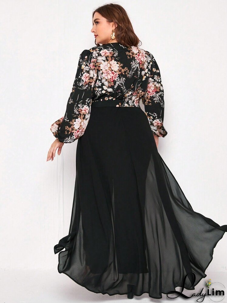Plus Floral Print Lantern Sleeve Wide Leg Jumpsuit With Skirt