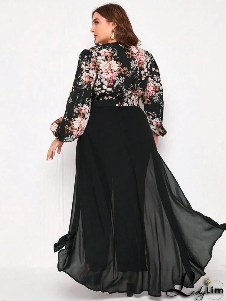 Plus Floral Print Lantern Sleeve Wide Leg Jumpsuit With Skirt