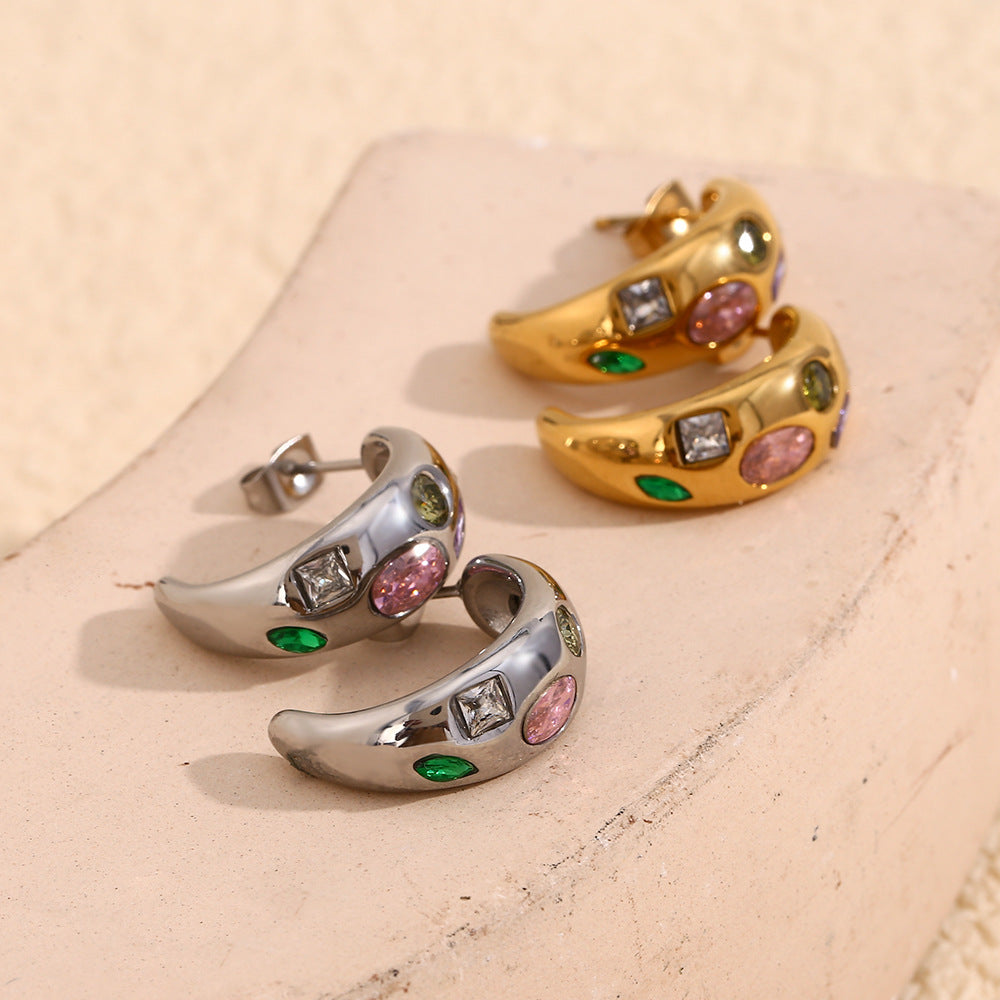 Ins Personality Micro-Inlaid Earrings Stainless Steel Plated 18K Gold Geometric Colored Zircon Moon Earrings