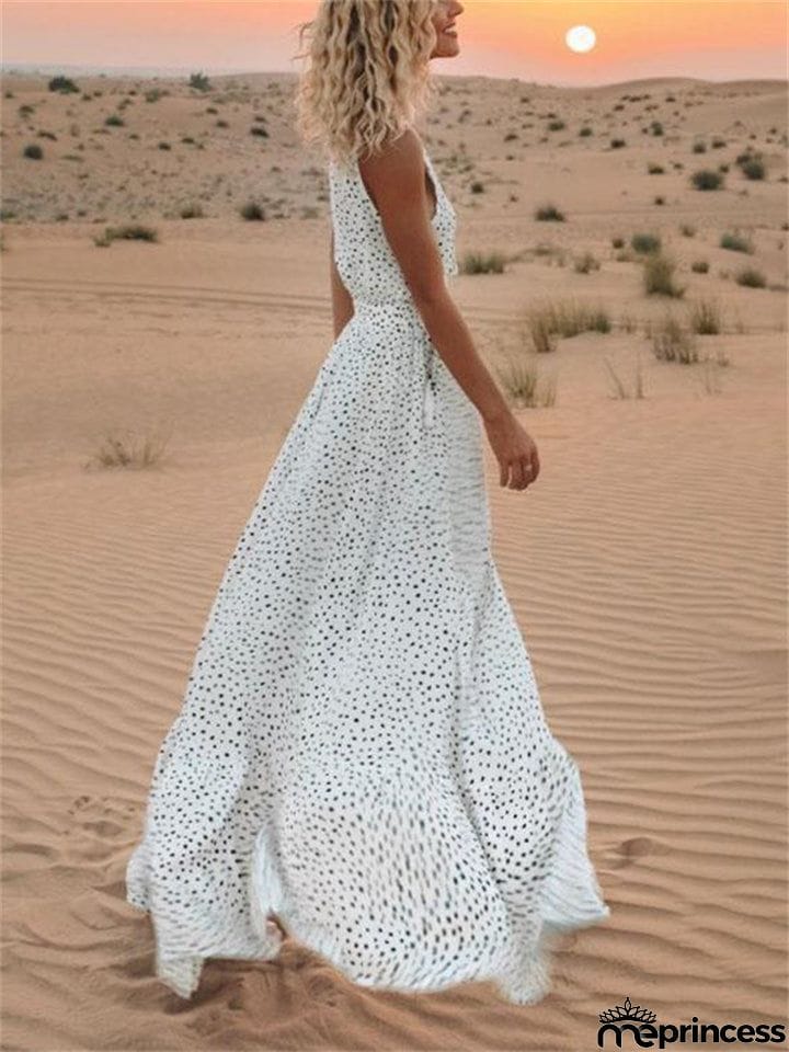 Bohemian V Neck Polka Dot Desert Flowy Dress for Women