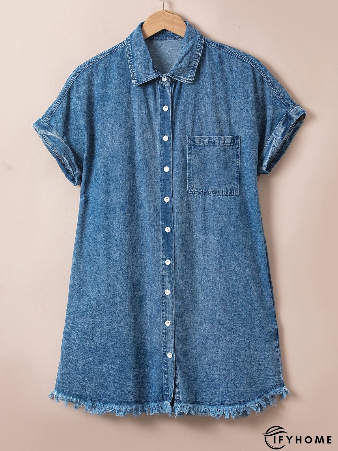 Blue Mineral Wash Denim Shirt Dress with Cuffed Sleeves | IFYHOME