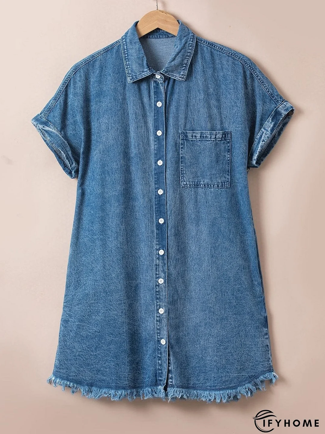 Blue Mineral Wash Denim Shirt Dress with Cuffed Sleeves | IFYHOME