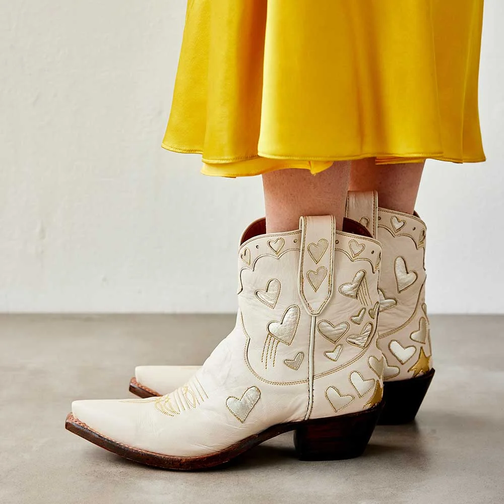 White Snip Toe Chunky Heel Booties Heart Embroidered Cowgirl Boots Nicepairs
