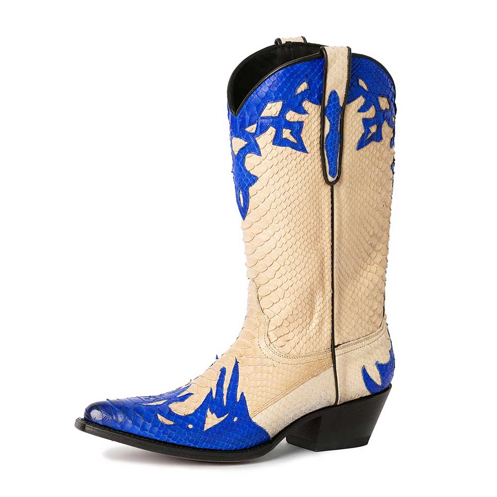 Blue & Beige Patchwork Snake Embossed Mid-Calf Cowboy Boots for Women Nicepairs