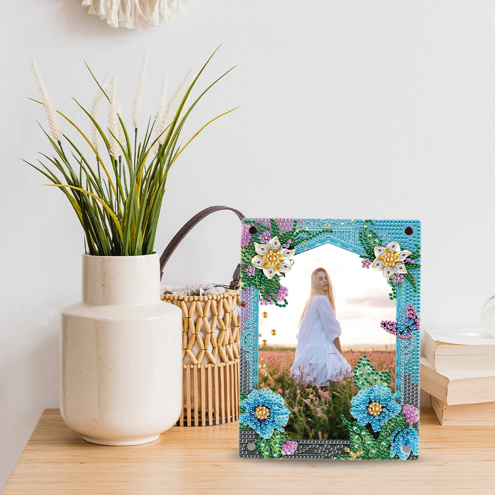 5D DIY Flower Blue Floral Special Shape Diamond Painting Photo Frame Home Decor