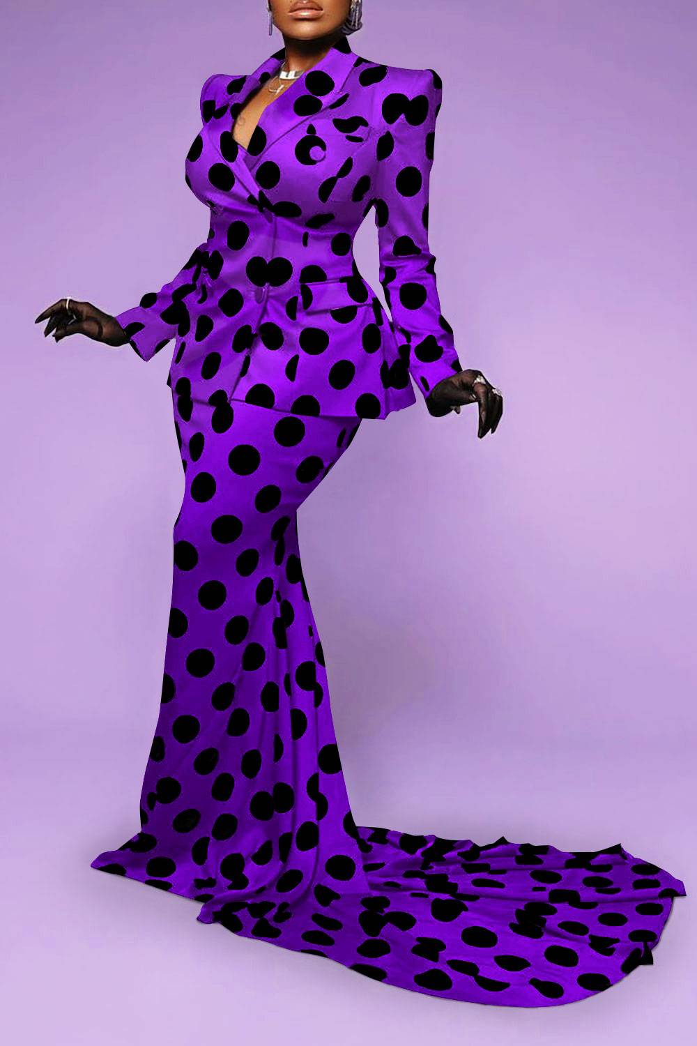 Plus Size Mother Of The Bride Skirt Sets Elegant Purple Polka Dot Spring Summer Turndown Collar Long Sleeve Mermaid Satin Two Piece Skirt Sets [Pre-Order]