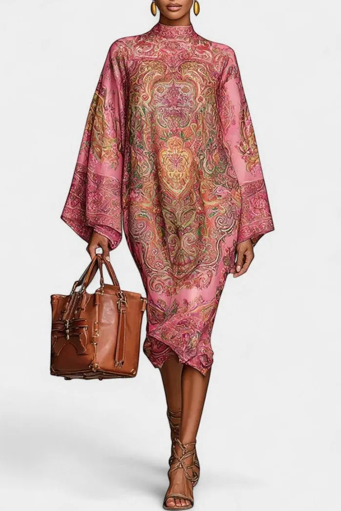 High-Neck Midi Dress with Kimono Sleeves & Paisley Print