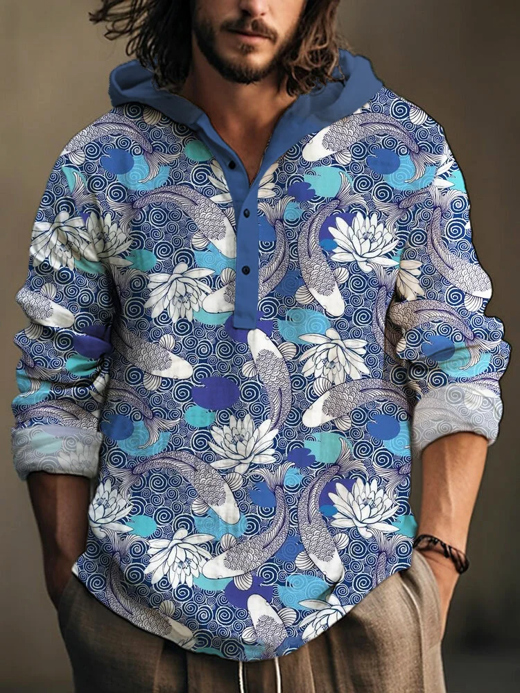 Japanese Flower & Fish Pattern Linen Hooded Long Sleeve Shirt