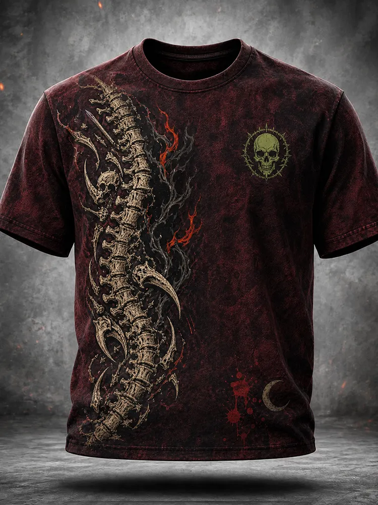 Men's Dark Fantasy Graphic T-shirt - Spine Bones, Fire Flames And Skulls Circle Emblem Print Tee