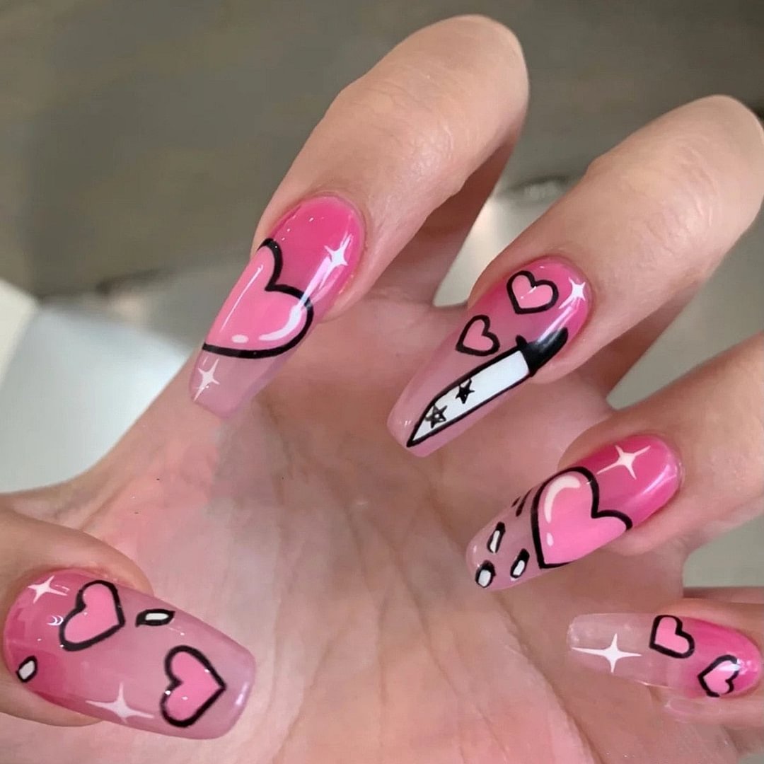 24Pcs/Set Sweetheart Knife Design False Nail French Full Cover Fake Nails Glue DIY Manicure Nail Art Tools