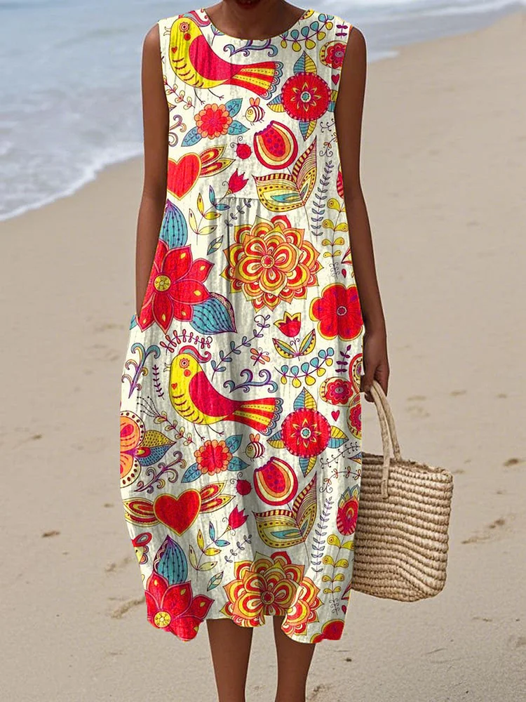 Women's Vintage Art Red Bird & Flower Print Sleeveless Cotton Pocket Wrap Dress