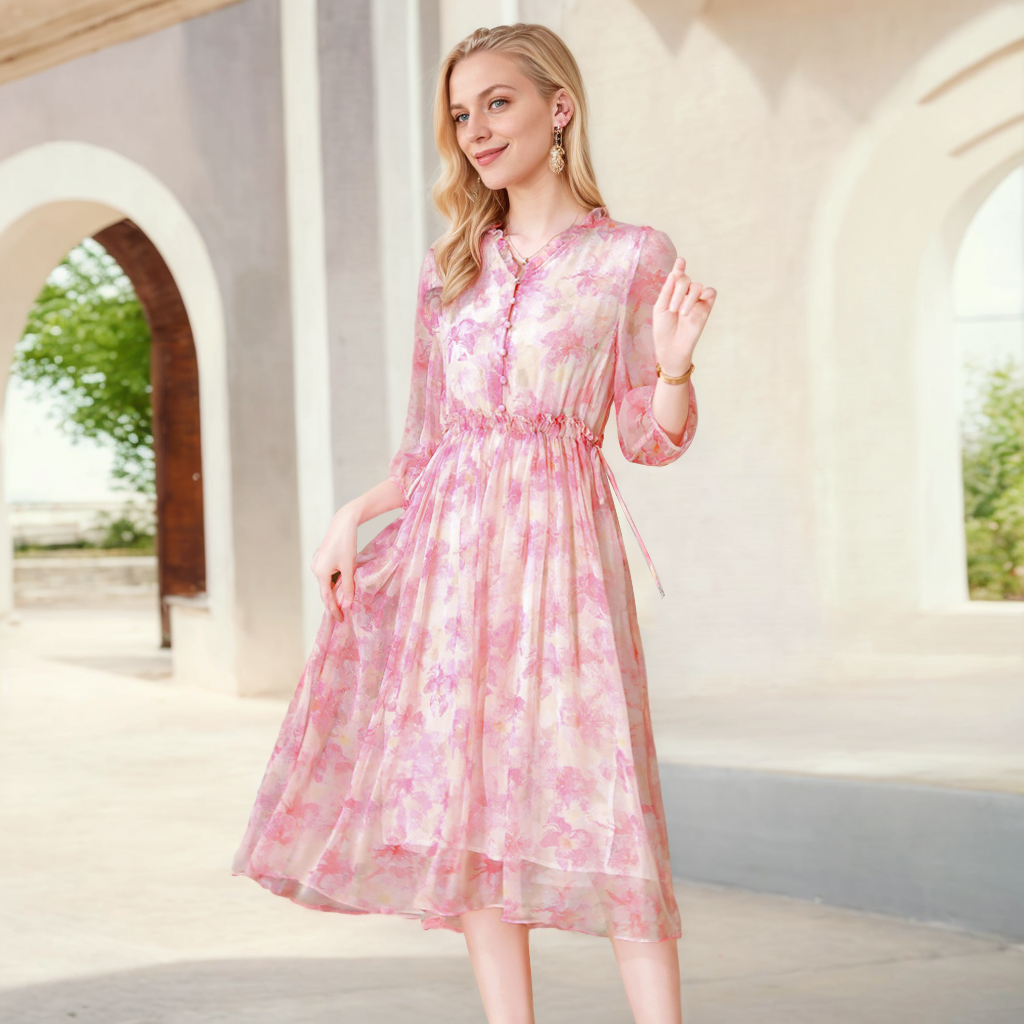 Pink Silk Midi Dress Sweet For Vacation REAL SILK LIFE