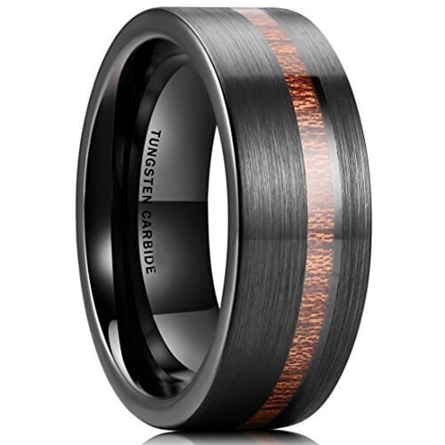 Women's Or Men's Wedding Tungsten Carbide Wedding Band Rings,Black with Koa Wood Slice Inlay,Flat Edged Tungsten Carbide Ring,Comfort Fit Brushed Tungsten Carbide Wedding Ring With Mens And Womens For Width 4MM 6MM 8MM 10MM