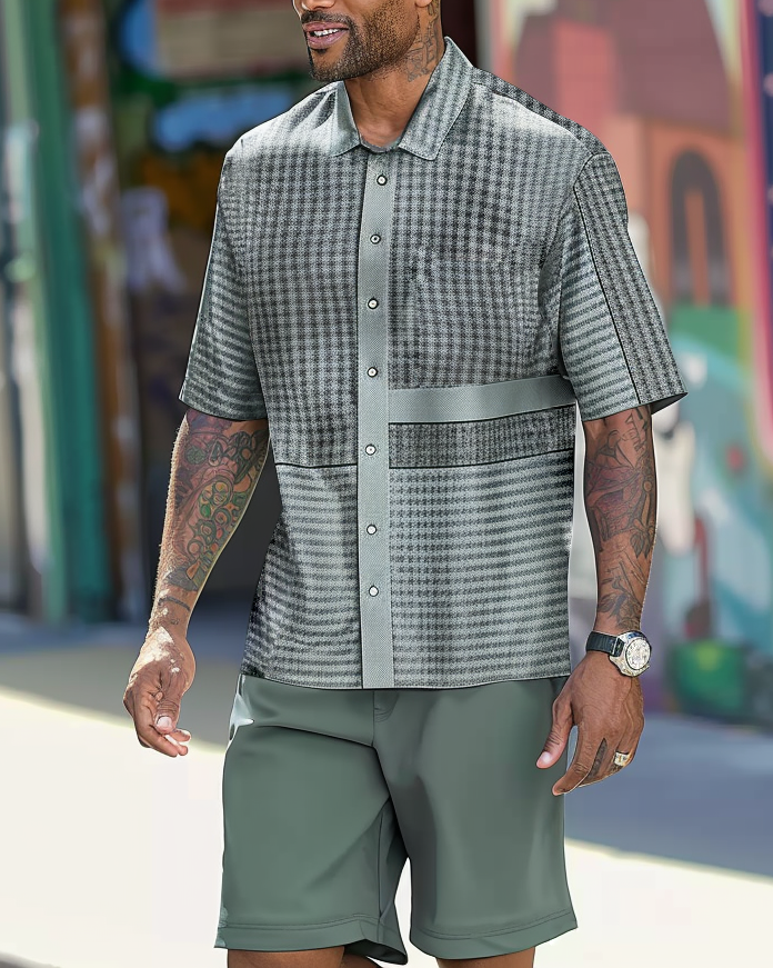 Men's Business Casual Plaid Simple Patchwork Texture Short Walking Suit 028