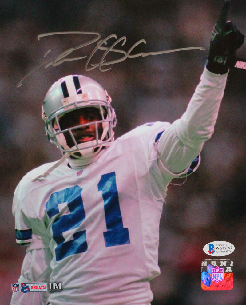 Deion Sanders Signed Dallas Cowboys 8x10 Pointing HM Photo Poster painting- Beckett W *Silver