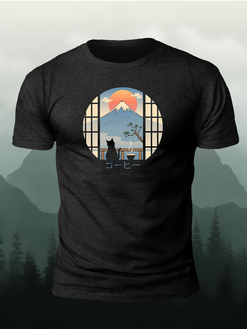 Men's Mount Fuji Illustration Print Casual Short Sleeve T-shirt