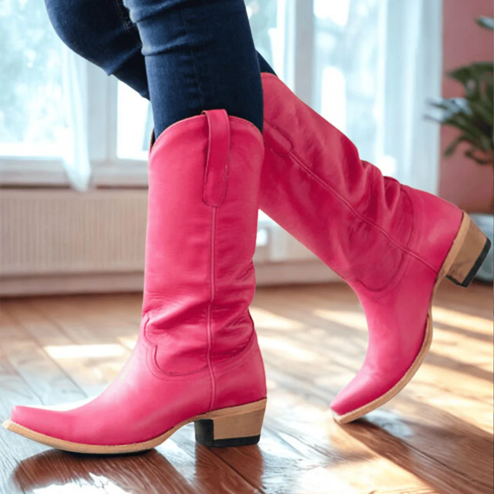 YDN Hot Pink Snip Toe Low Chunky Heel Stylish Women's Western Boots