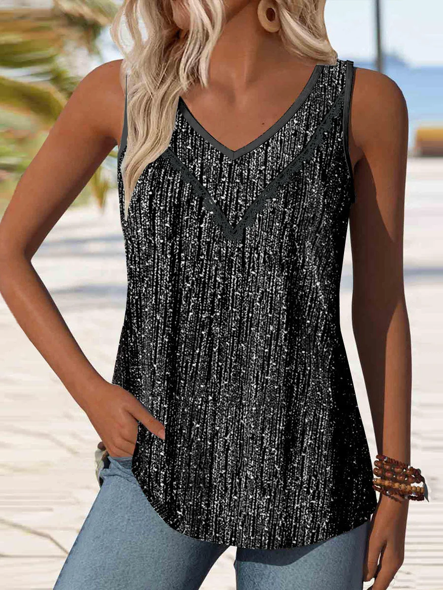 Women Sleeveless V-neck Polka Dot Printed Graphic Lace Tops