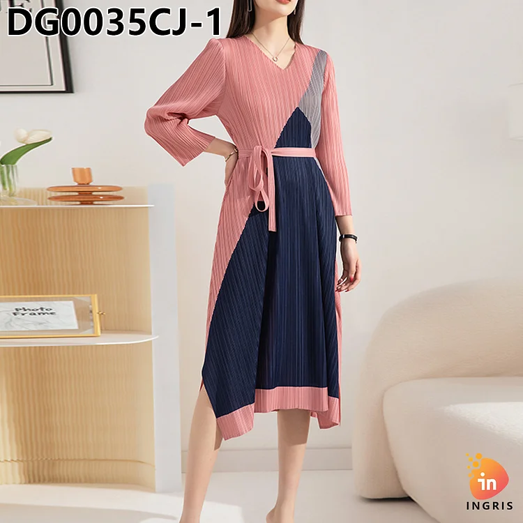 artistic color matching ~ crew neck dragon sleeve lace-up waist-controlled slimming pleated dress-DG00035CJ