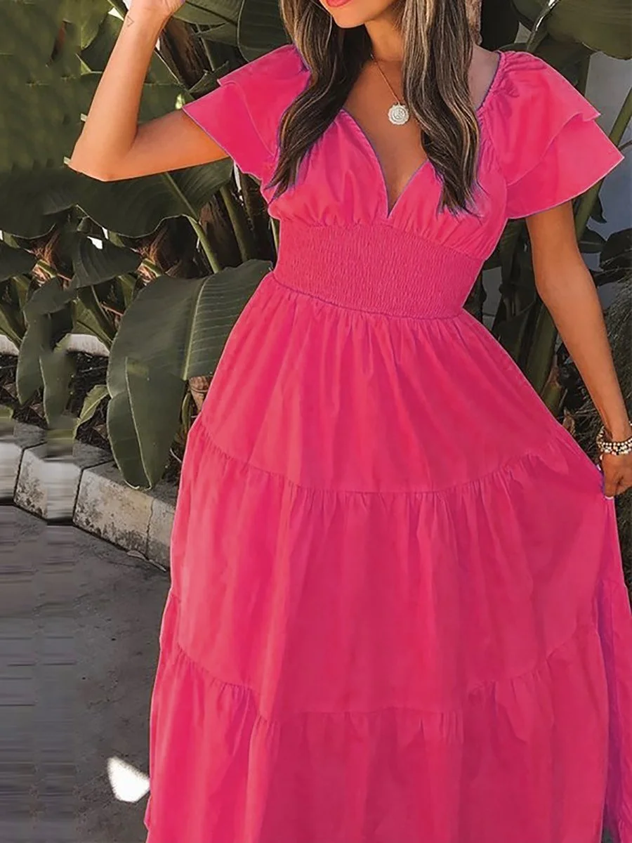 V-neck short-sleeved A-line dress