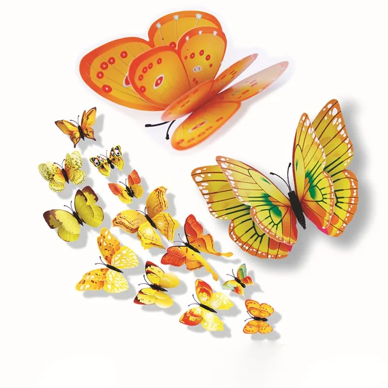 12pcs/lot Plain color 3D stickers Simulation butterfly double wings Modern home decor Background wall painting Magnetic+Glue