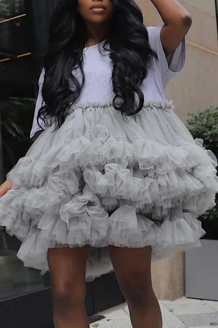 Plus Size Birthday Grey Round Neck Short Sleeve Contrast Vintage Ruffle Tulle Mini Dresses [Pre-Order] 2024 - Xpluswear