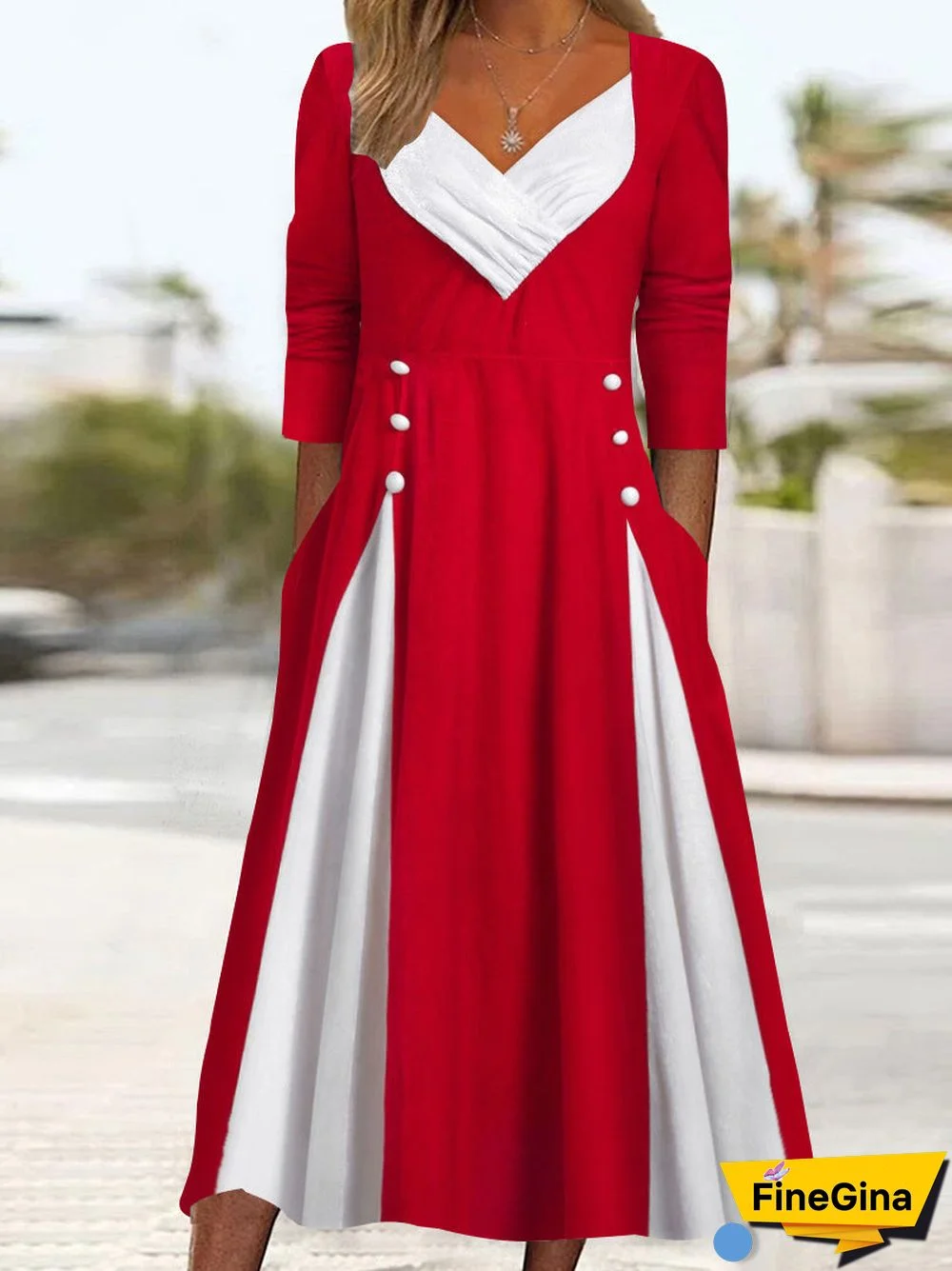 Women's Long Sleeve V-neck Colorblock Stitching Midi Dress