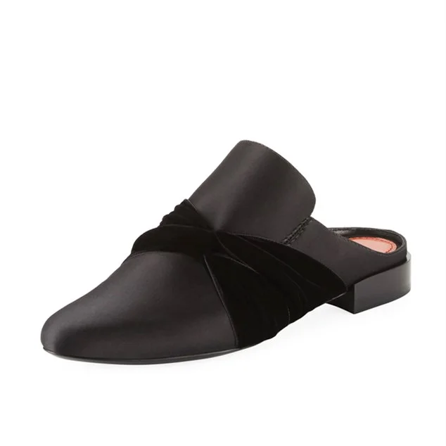 Black Round Toe Knotted Mule Loafers for Women |FSJ Shoes