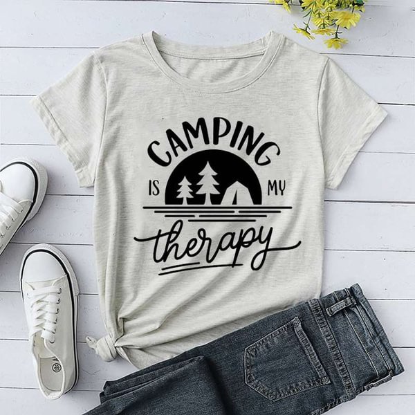 Fashion Funny Camping Is My Therapy Printed T-shirts Women Summer Casual Short Sleeved T-shirts Round Neck Tops - BlackFridayBuys