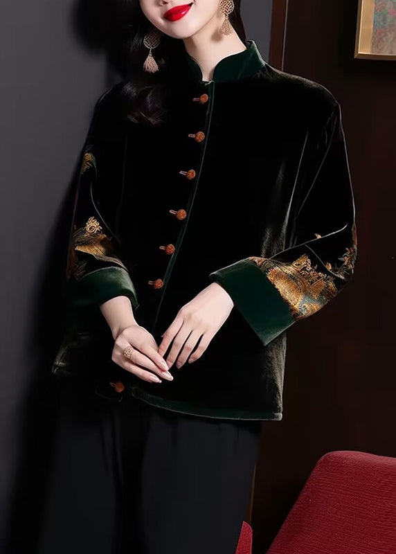 VCSHOES Loose Black Stand Collar Button Patchwork Silk Velour Coats Fall