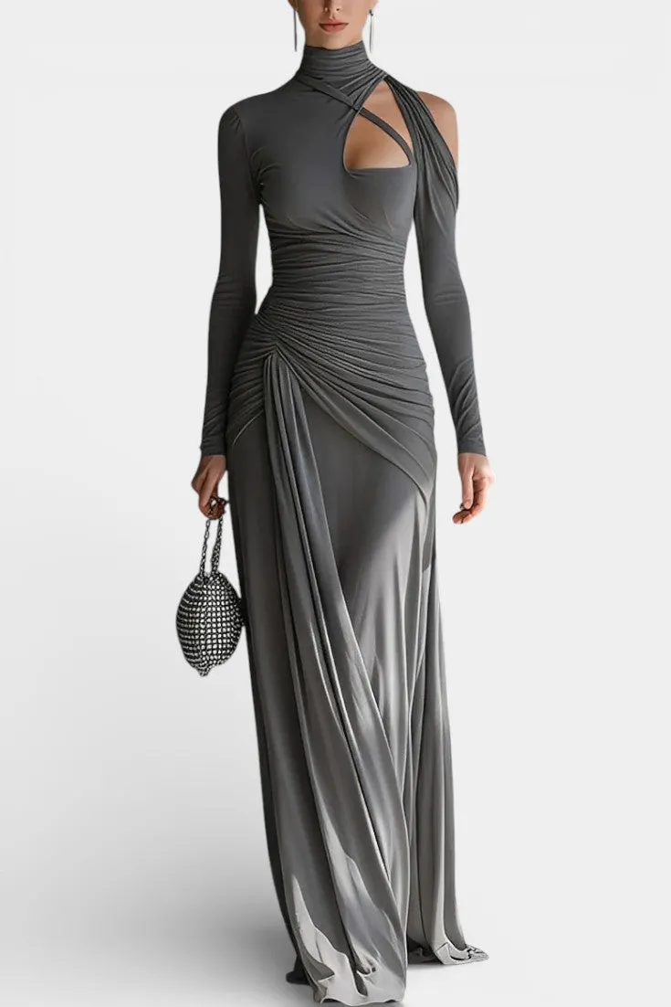 Asymmetric Ruched Maxi Dress with Strategic Cutouts