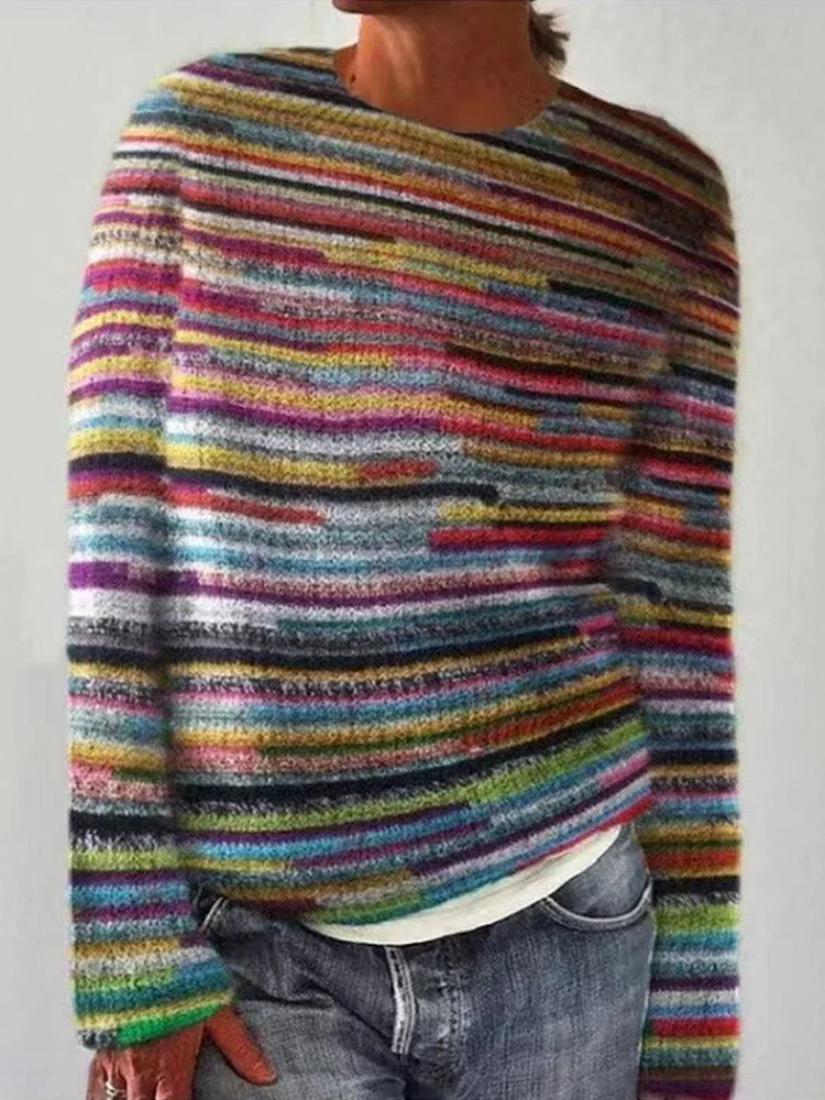 Retro Art Print Casual Pullover Sweater