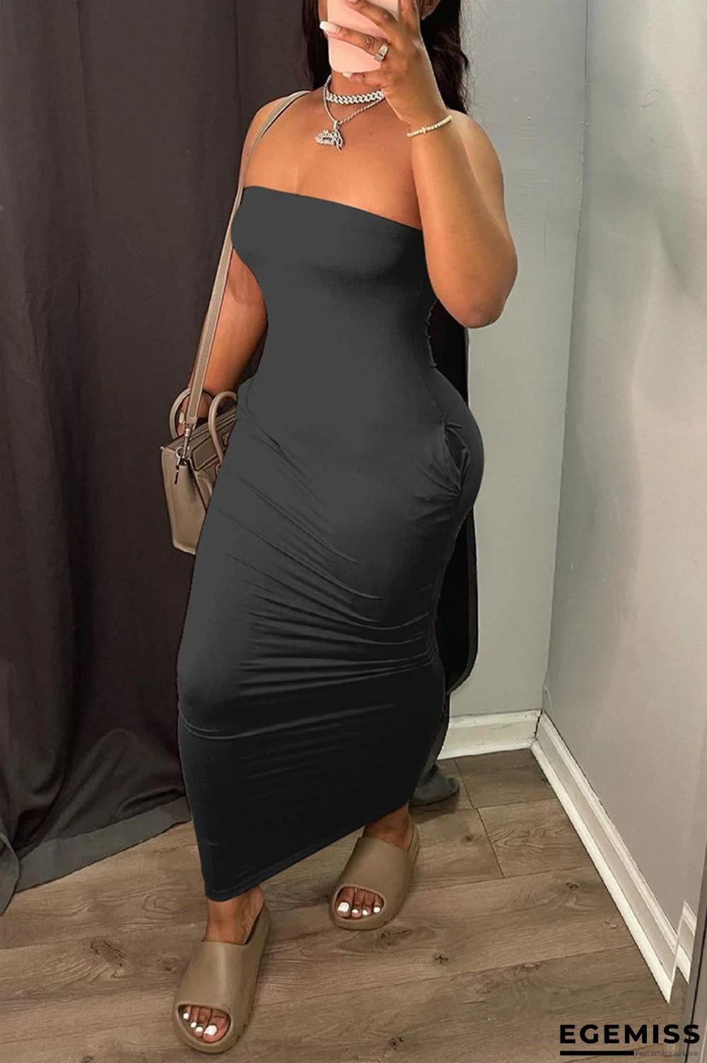 Black Sexy Casual Solid Backless Strapless Sleeveless Dress | EGEMISS