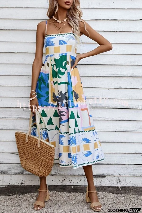 Tea Party Vibes Unique Print Pocketed Smocked Back Midi Dress