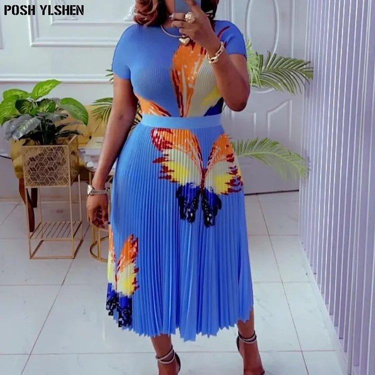 Print Pleated Skirt Set Summer Clothes African Dresses For Women Club Outfits Dashiki Ankara Party Robe Femme Africa Clothing QueenFunky
