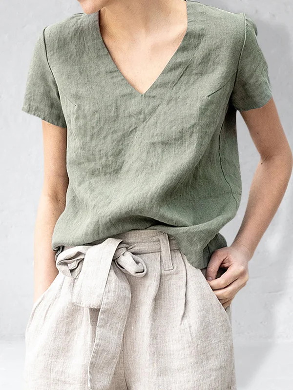 Basic V Neck Comfy Linen T Shirt