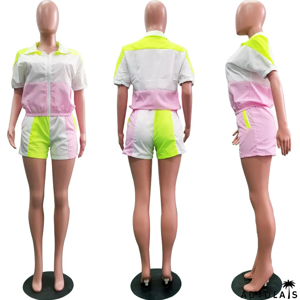 Turndown Collar Casual Sports Contrast Patchwork Half-Sleeve + Shorts Suit Women
