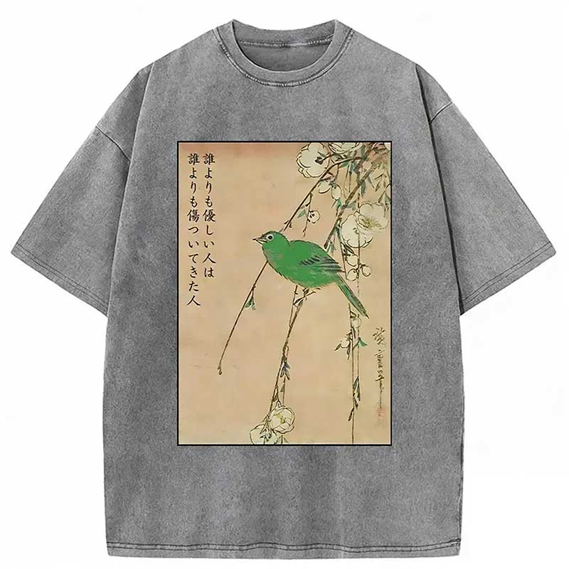 Vintage Japanese Bird Painting Washed T-shirt elevenforest